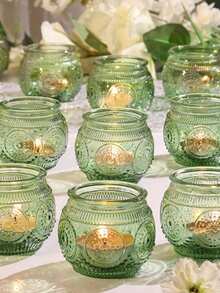 Cirelle 6pcs Embossed Glass Votive Candle Holders, Retro Round Glass Tealight Cup For Votive Candles, Decorative Glass Candle Jar For Dining Table, Spa, Wedding Centerpiece & Holiday Decor - multicolor - View 14