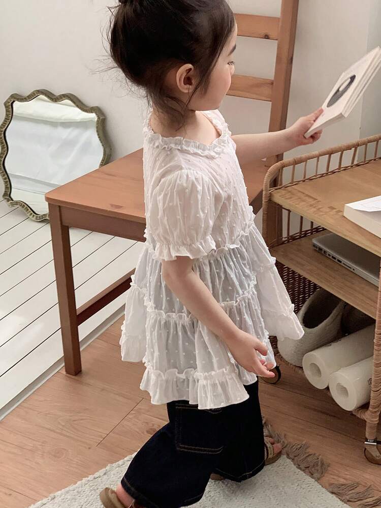 Baby Girl Solid Color Ruffle Hem Round Neck Short Sleeve Top, Fresh And Breezy For Spring/Summer