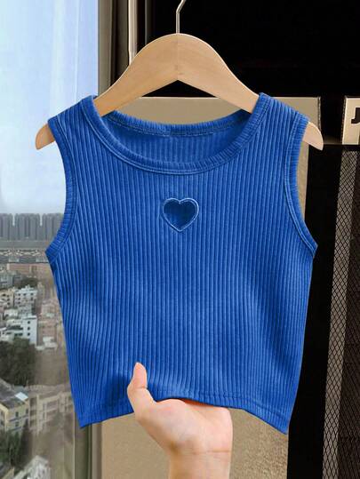 SHEIN Genkimix Kids Young Girls' Summer Hollow Heart Embroidered Fashionable Casual Sleeveless Top, Comfortable Versatile Solid Color Tank