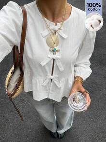 SHEIN EZwear Áo sơ mi nữ màu trắng dệt kim, kiểu dáng thường ngày, thắt nơ phía trước, tay phồng. - trắng - Xem 7