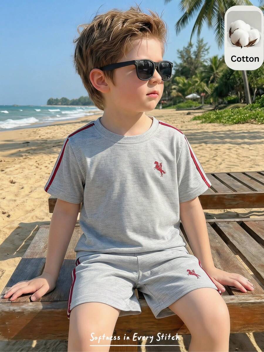 Cozy Pixies 2pcs/Set Young Boy Solid Color Knit Soft Round Neck Short Sleeve Top And Elastic Waist Shorts - Grey - View 1