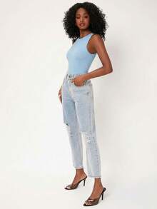 SHEIN BASICS 女士纯色圆领休闲连体衣 - 淺藍色 - View 4