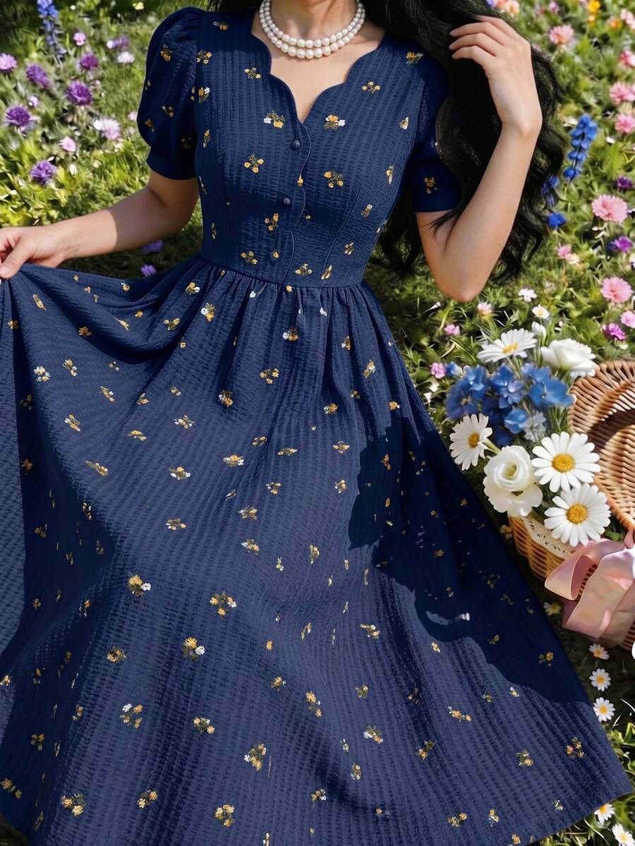Feyla 女款碎花V領花瓣袖洋裝