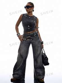 LYSMO Plus Size Casual Minimalist Y2K Style Washed Sleeveless Top - Dark Grey - View 5
