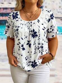 EMERY ROSE Camisa de manga corta con estampado floral de uso diario y versátil para mujer de talla grande - Azul y blanco - Ver 5