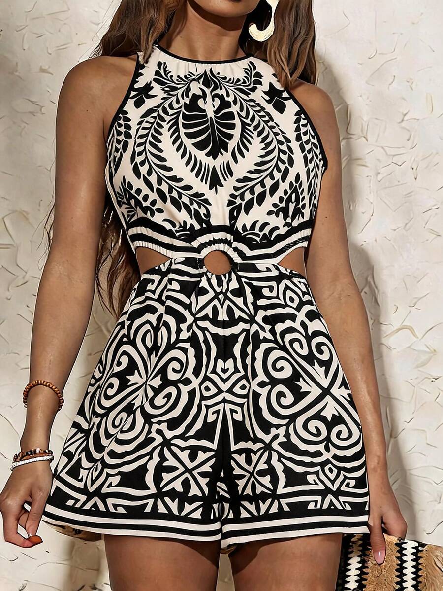 Travachic Bộ jumpsuit nữ phong cách Bohemian in hoa khoét eo, thích hợp cho kỳ nghỉ. - màu đen - Xem 1