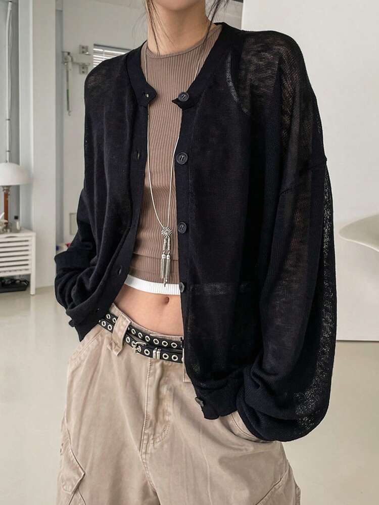 Loose Fit Solid Color Long Sleeve Thin Knit Cardigan, Casual Vacation Wear For Women, Summer