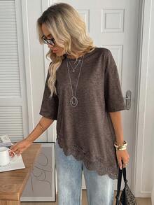 Camiseta casual de mujer con dobladillo asimétrico de encaje de unicolor, uso básico diario, blusa casual de primavera/verano para vacaciones de mujer, vacaciones de verano para mujer - Caqui 2 - Ver 5