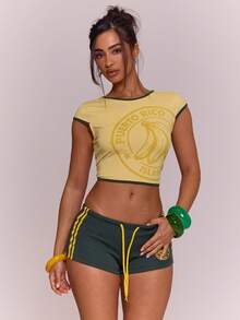 MUSERA Áo thun crop top họa tiết tương phản cho bé gái, thích hợp cho mùa xuân hè, kỳ nghỉ, lễ hội Ibiza, phong cách boho, thanh lịch, thường ngày, lễ hội hóa trang. - Màu vàng - Xem 1