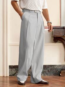 SWAVVY Celana Panjang Pria Tenun Kasual Longgar Model Lurus, Pinggang Elastis, Warna Polos, Cocok untuk Pemakaian Sehari-hari - Light Grey - View 6