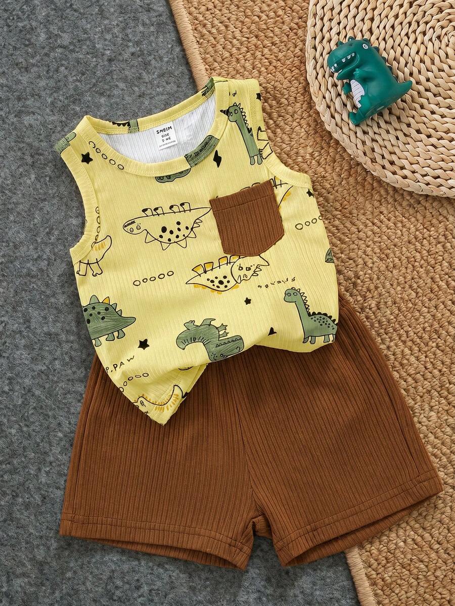 SHEIN Bộ áo không tay và quần short màu xanh lá cây trơn in hình khủng long hoạt hình cho bé trai, kiểu dáng năng động và dễ thương, phù hợp cho các hoạt động ngoài trời, mặc nhà thoải mái và những buổi tiệc vui vẻ. - Nhiều màu - Xem 1
