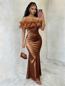 Eryvara Đầm dạ hội nữ màu trơn thanh lịch, chất liệu lưới bóng, kiểu dáng đuôi cá, phối nhiều mảnh vải satin, thích hợp cho mùa xuân/hè. - màu nâu - Xem 5