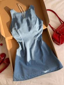 Comfortcana Đầm denim nữ không tay hở lưng, kiểu dáng thường ngày, có dây thắt eo, thích hợp cho mùa hè. - Màu xanh lam - Xem 4
