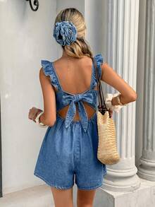 Serisse Bộ áo liền quần denim nữ cổ vuông viền bèo nhún phong cách thường ngày, trang phục mùa hè, lễ hội, đi làm, nghỉ mát, tốt nghiệp, sang trọng, phong cách Y2K, dễ thương, thời trang đường phố, quyến rũ, dự tiệc cưới, thanh lịch, công sở, đi biển, tốt nghiệp. Áo liền quần denim nữ cổ vuông dây bèo nhún, phong cách thường ngày mùa hè, quần yếm ngắn jean màu xanh nhạt. Áo liền quần denim nữ cổ vuông bèo nhún quần yếm ngắn, phong cách thường ngày mùa hè, bộ đồ liền thân jean. - Màu xanh lam - Xem 5