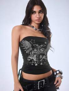 Y2Kool Crop top ketat bertali serut motif Y2K dengan detail salib, hati, sayap, bintang, dan rhinestones, cocok untuk pesta musim semi/panas, liburan, perjalanan ke pantai, festival musik, dan pemakaian sehari-hari. - Hitam - View 4