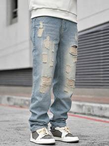 Devon Thys Quần jeans nam dáng suông màu xanh bạc hà, thích hợp mặc ngoài trời, mùa Thu/Đông. - Rửa trung bình - Xem 4