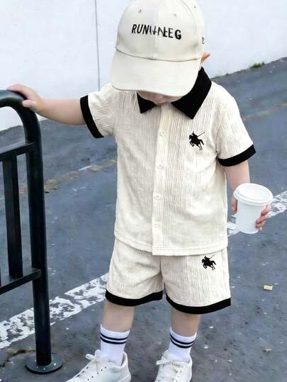 Genkimix Kids 2pcs Young BoyTrendy Textured Fabric Shirt And Shorts Set, Soft And Comfortable Material, Suitable For Outings, Photos, Sports And Various Occasions, Fashionable And Versatile Summer Essential