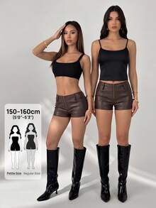SHEIN PETITE Quần short nữ màu trơn, khóa kéo phía trước, kiểu dáng thường ngày, quần short siêu ngắn màu nâu, quần short da cho nữ, quần short da màu nâu gợi cảm cho nữ. - màu nâu - Xem 2