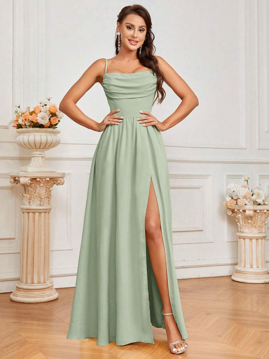 SHEIN Belle Váy phù dâu thanh lịch với thiết kế cổ áo phía trước, có túi và phía sau, có dây buộc eo, kiểu dáng chữ A và xẻ cao (Size dành cho người lớn) - Màu xanh Bạc hà - Xem 1
