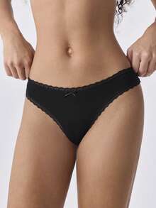 Loungeista 3pcs Cotton Lace Patchwork Thong Panties With Cute Bow, Seamless Stretchy Breathable Women's Underwear - Multicolor - View 10
