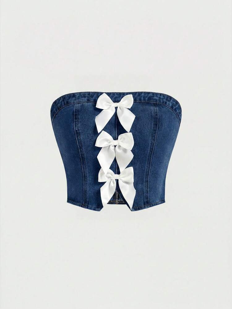 SHEIN MOD 女士时尚优雅通勤套装，撞色蝴蝶结装饰修身牛仔抹胸上衣搭配阔腿牛仔裤 - 藍色 - 查看 3