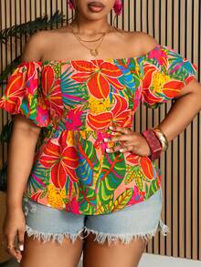 Villa Velisse Plus Size Women Tropical Plant Off Shoulder Short Petal Sleeve Blouse - Multicolor - View 1