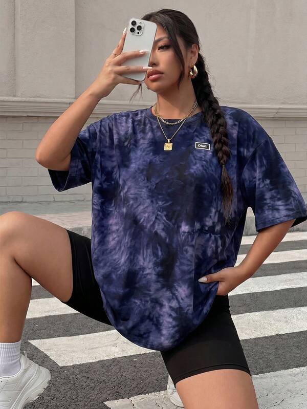 Muchica Plus Size Women Tie-Dye Letter Print Round Neck Short Sleeve T-Shirt