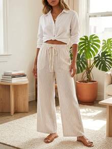 Palazzo Striped Pants With Elastic Waist - Beige - View 3