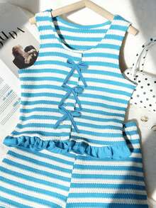 2pcs/Set Striped Bow Tie Sleeveless Crop Top,Ruffle Hem Shorts Set For Teenage Girls,Summer,Cute,Matching,Family Vacation,Sweet & Spicy Style Outfit - Multicolor - View 5