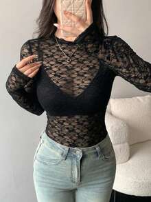 DAZY 女款透視蕾絲圓領修身套頭上衣，黑色，秋季優雅性感長袖，適合外出與夜生活 - 黑色 - 查看 3