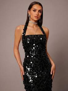 Silquee Sequin Strap Elegant Party Dress - Black - View 5