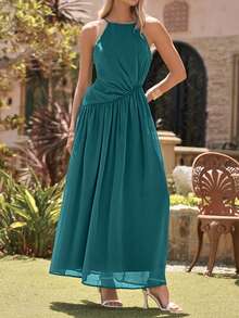 Amorya Women's Teal Elegant Halter Neck Ruched Long Dress, Summer Tropical Holiday Vacation Outfit, Wedding Tea Party Guest Bridesmaid Formal Evening Gown - Aqua Blue - View 7