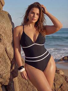 Swim Lushoire Plus Size Colorblock Striped Tankini Swimwear Set Holiday Beach Summer Modest Elegant - Black and White - View 4