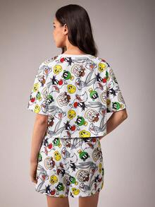 LOONEY TUNES X SHEIN Women's Round Neck Short Sleeve Top And Shorts Pajama Set, - White - View 2