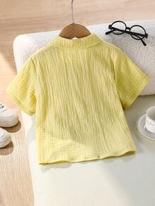 SHEIN Souflis Áo sơ mi dệt kim tay ngắn dáng suông bất đối xứng, kiểu dáng thường ngày cho bé trai, thích hợp cho mùa hè. - Màu vàng - Xem 2