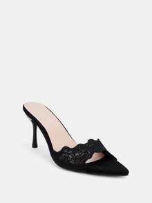 Glitzique Spring/Summer Women's Embroidered Fabric Open Toe High Heel Mule Slippers, Classic White And Black Colors, Suitable For Mother's Day - Black - View 3