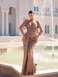 Glamrae Đầm bơi dáng đuôi cá trễ vai, xếp ly, sang trọng, đính cườm và sequin, chất liệu dệt kim co giãn, thích hợp cho đám cưới, tiệc tùng, kỳ nghỉ, dạ hội (đính kèm nhiều chi tiết trang trí). - Cà phê nâu - Xem 6