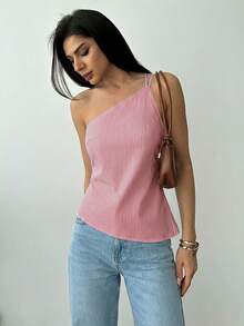 Firerie Áo kiểu dáng thanh lịch màu mơ nhạt bằng vải lanh, vạt bất đối xứng, eo nhún bèo, hở lưng, thích hợp cho mùa xuân/hè. - Đỏ và trắng - Xem 3