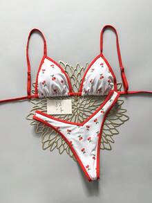 Swim MOD 2pcs/Set Random Floral Print Gold Disc Decor Halter Triangle Bikini Top And High Cut Thong Bottoms Sexy Swimwear Set, Spring/Summer - Multicolor - View 6