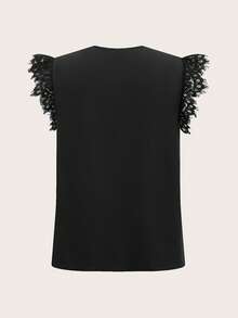 SHEIN LUNE Casual Minimalist Style Black Shirt With Lace Sleeve Decor, Versatile For Spring/Summer,Summer Top - Black - View 5