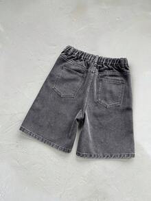 Pantalones cortos de mezclilla con cordón, diseño de diamantes incrustados, holgados y cómodos para niños preadolescentes - Negro - Ver 3