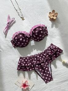 Bonvoyette Bộ bikini nữ mùa hè 2026 mới, kiểu dáng dễ thương, bèo nhún, dây mảnh, hở lưng, họa tiết chấm bi, phối màu, có gọng. - Hồng - Xem 3