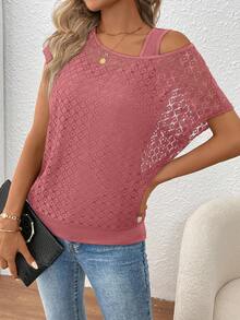 Balvessa Women's Lace Patchwork Asymmetric Shoulder Top - Coral Pink - View 3