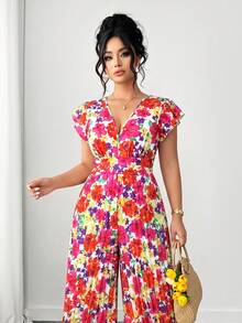 Elenzga Plus Size Women's Elegant Casual Beach Holiday Minimalist V-Neck Ruffle Sleeve Cinched Waist Slimming Long Printed Jumpsuit - Multicolor - View 5