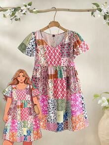 Rusticease Plus Size Women Round Neck Short Sleeve Ruffle Ditsy Floral Dress Summer Outfit For Festival Outfits Beach Vacation Holiday Country Concert Pink - Multicolor - View 7