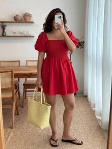 Enliva Abidrinkell Plus Size Spring/Summer Plain Round Neck Cute Sweet Princess Style Minimalist Campus Romantic Vacation Beach Valentine's Day Easter Wedding Hollow Back Bow Lantern Sleeve Dress, For Apple Rounded Body Shape - Red - View 3