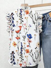 SHEIN Franclia Áo kiểu Pháp cổ điển mùa hè in hoa, viền bèo nhún, cài cúc phía trước. - trắng - Xem 2