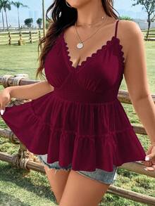 Flirla Plus Size Solid Color Spaghetti Strap V-Neck Summer Tank Top With Lace Trim - Burgundy - View 4
