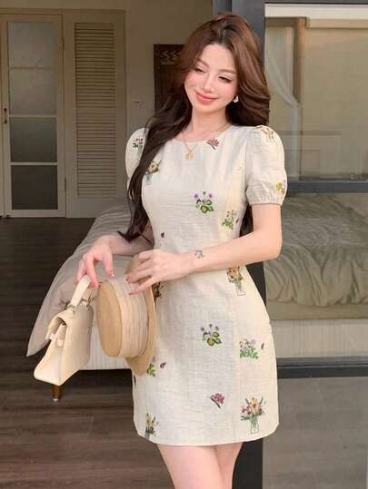 DAZY Đầm sơ mi tay phồng in hoa và thêu họa tiết mùa xuân hè, thanh lịch cho ngày Valentine, đám cưới, tiệc tùng, các dịp trang trọng, thời trang, đầm ngắn ôm dáng cho nữ.
