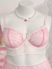 PetitDoll Bộ đồ lót gợi cảm 4 món cổ điển ren phối ren, viền lông mi, có gọng dành cho nữ. - Hồng - Xem 8